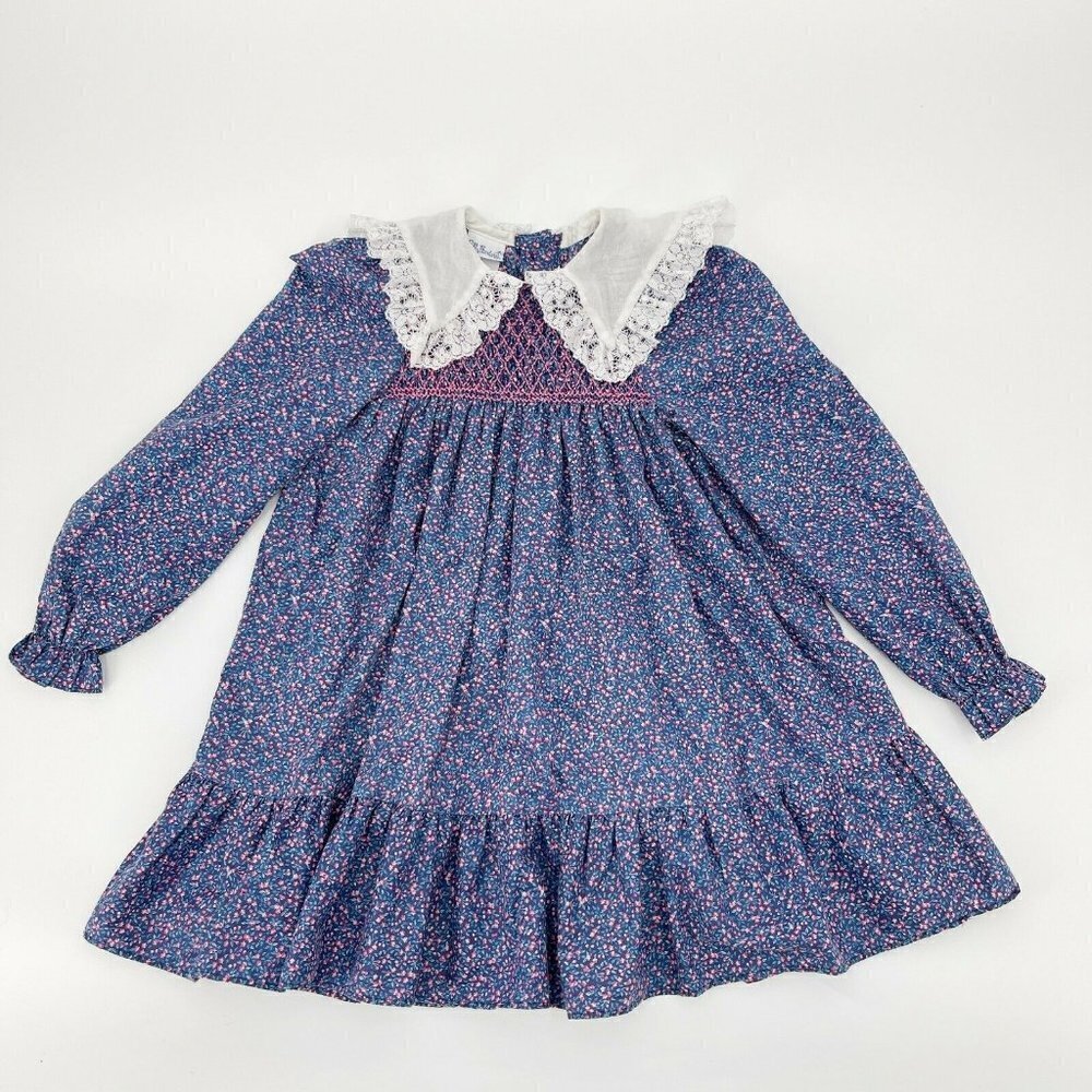 Vintage Polly Flinders Girls' Smocked Blue & Pink Floral Lace-Collar Dress